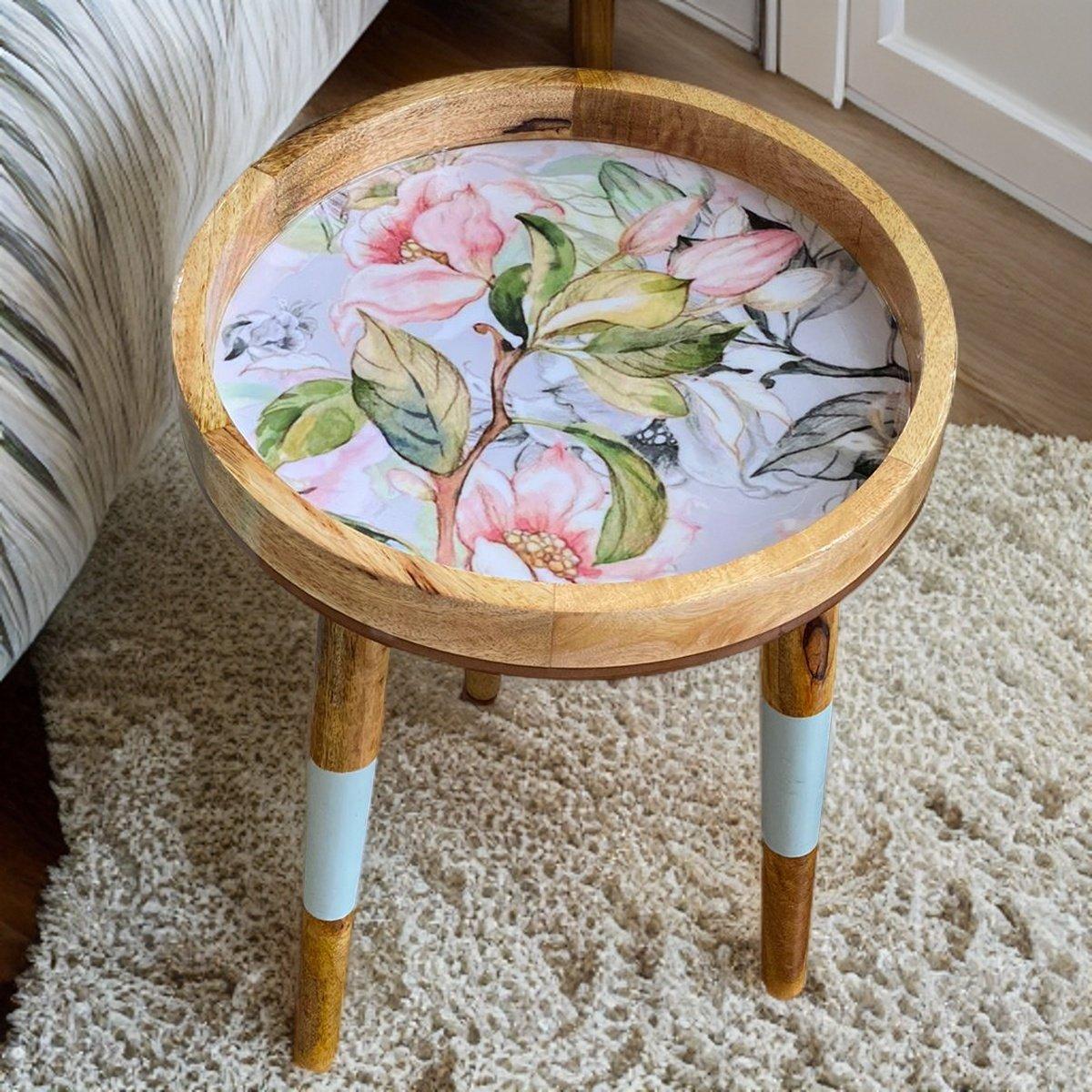 Handmade Side Table Solid Mango Wood Detachable Legs Spring Flower